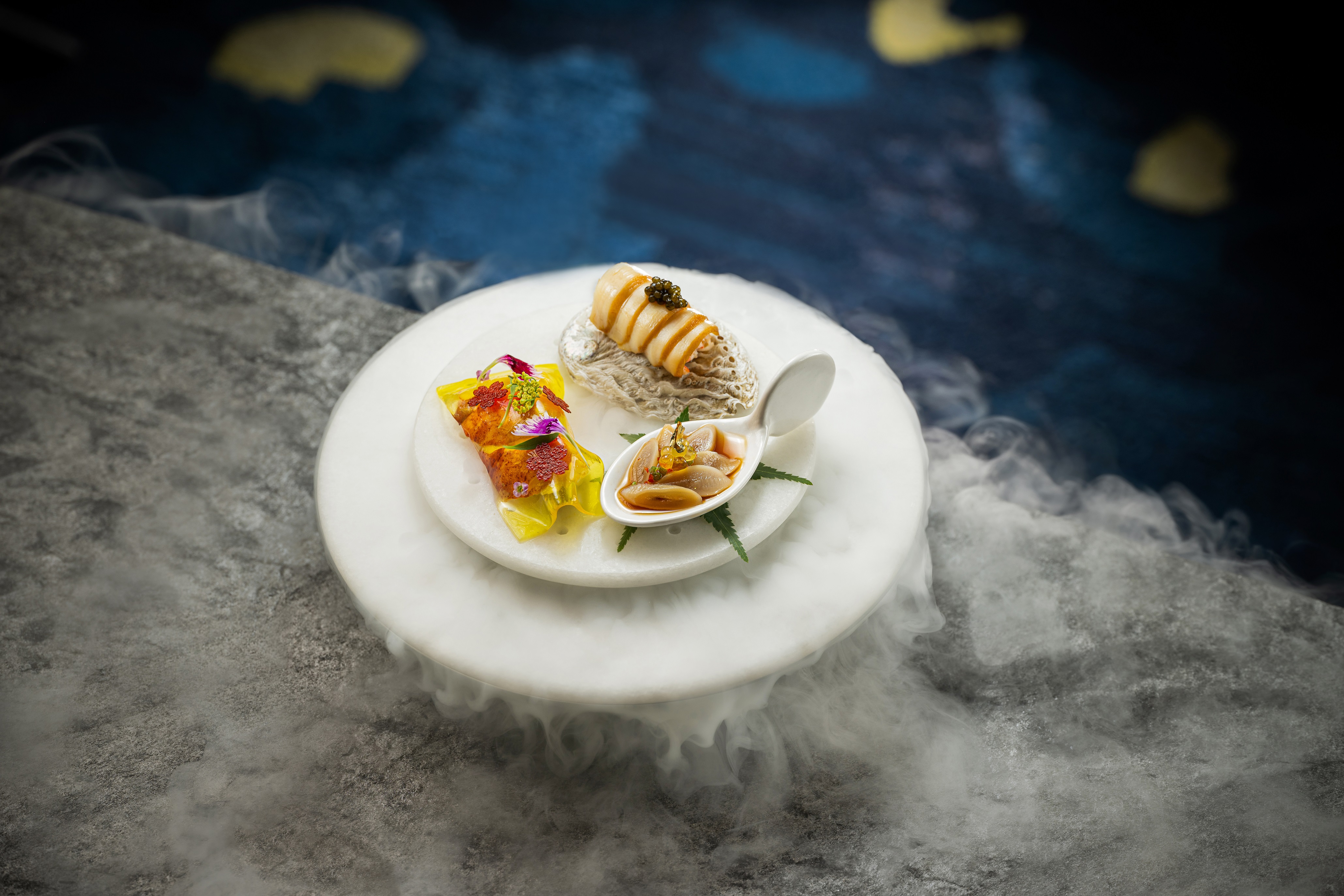 Chilled French Blue Lobster in Osmanthus Wine, Marinated South African Abalone in Yellow Wine, Drunken Razor Clam with Lychee Wine, by Pearl Dragon