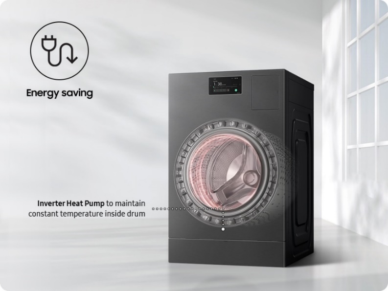 The Bespoke AI Laundry Combo uses Heatpump Technology to dry clothes at low temperatures to prevent fabric shrinkage, while saving time and energy