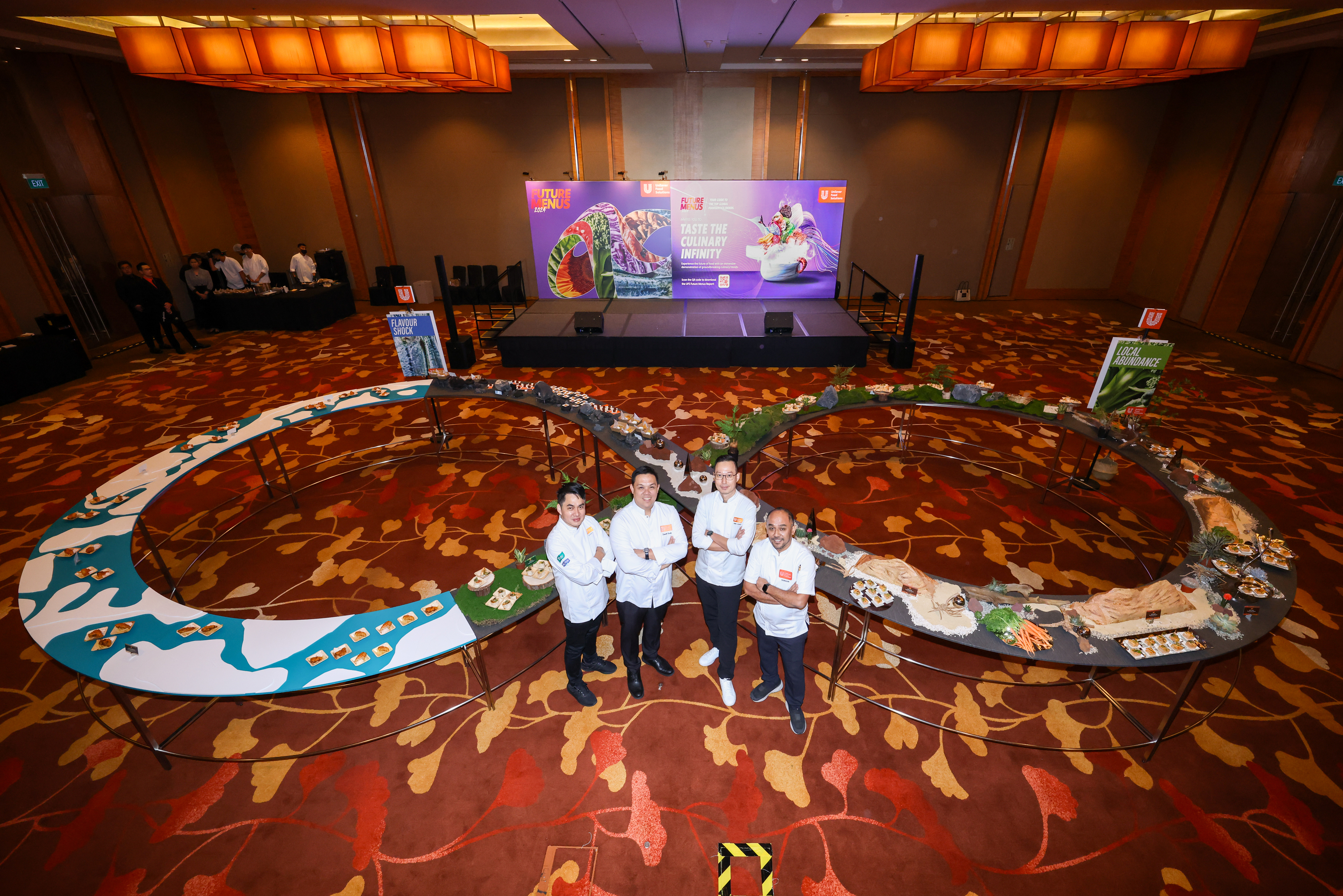 The Culinary Infinity: Unilever Food Solutions Chefs prepare to lead the exploration of the Future Menus reports trends through taste. From L-R: Chef Jiraroj Pop Navanukroh (Executive Chef, UFS Thailand), Chef Kenneth Cacho (Executive Chef, UFS Philippines), Chef Eric Chua (Executive Chef, UFS Singapore, Vietnam, and Cambodia, and Future Platform Chef Lead of Southeast Asia), and Chef Gun Gun Handayana (Executive Chef, UFS Indonesia)